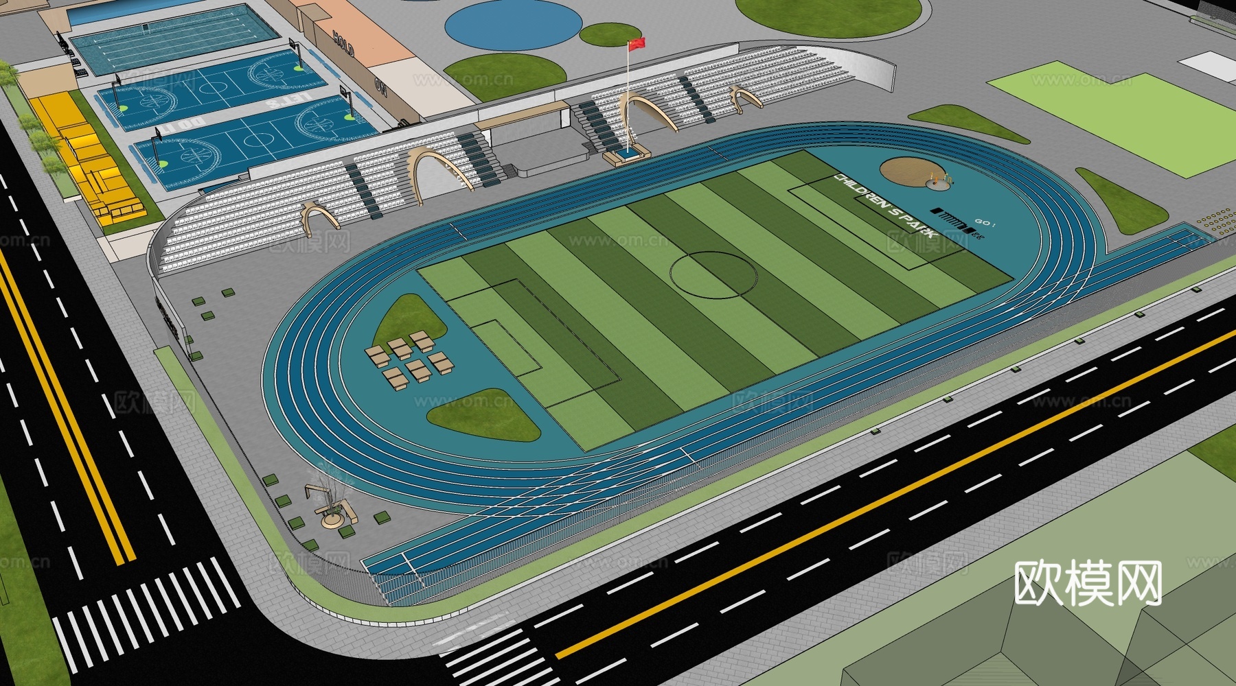 现代学校体育场 运动场 足球场 篮球场su模型