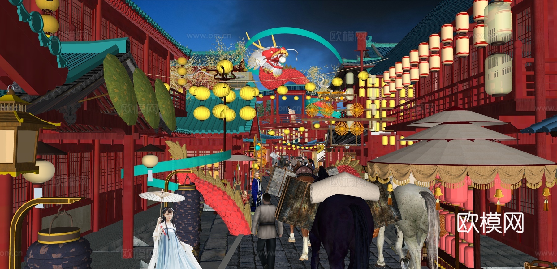 网红打卡国潮古风古镇集市su模型
