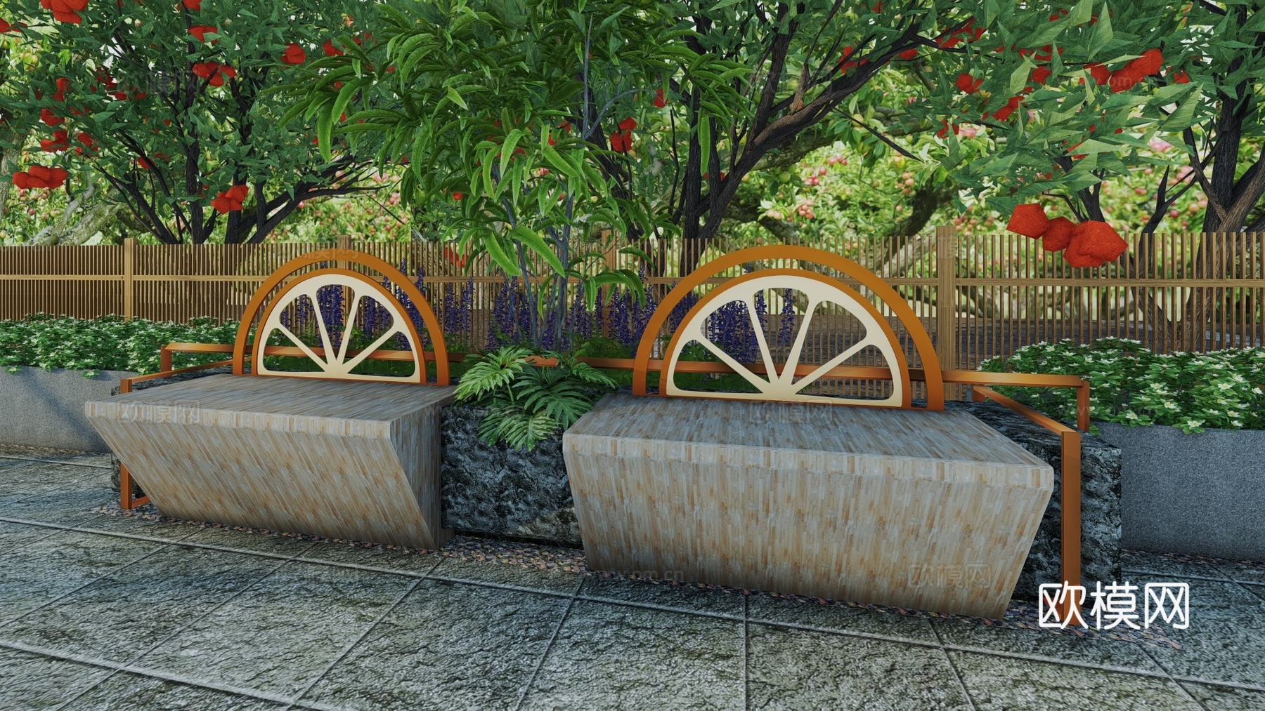 现代水果主题景观座椅户外休闲坐凳树池花坛橘子葡萄公共休息坐凳su模型
