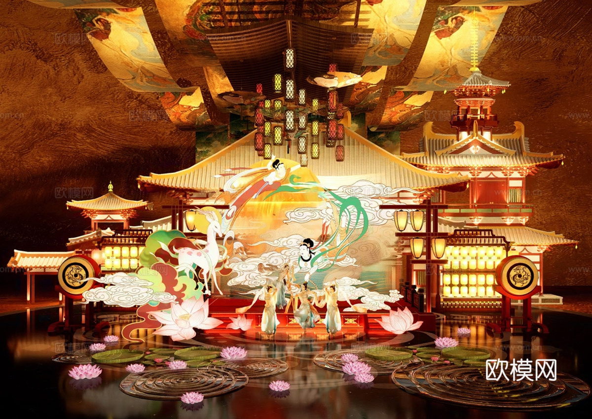 新中式古风打卡 国潮敦煌美陈 灯会舞台su模型
