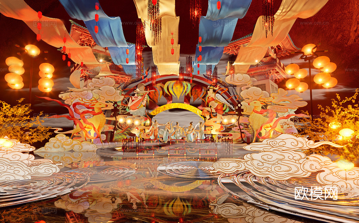 新中式国潮小品 国潮古风灯会集市 美陈国潮打卡su模型