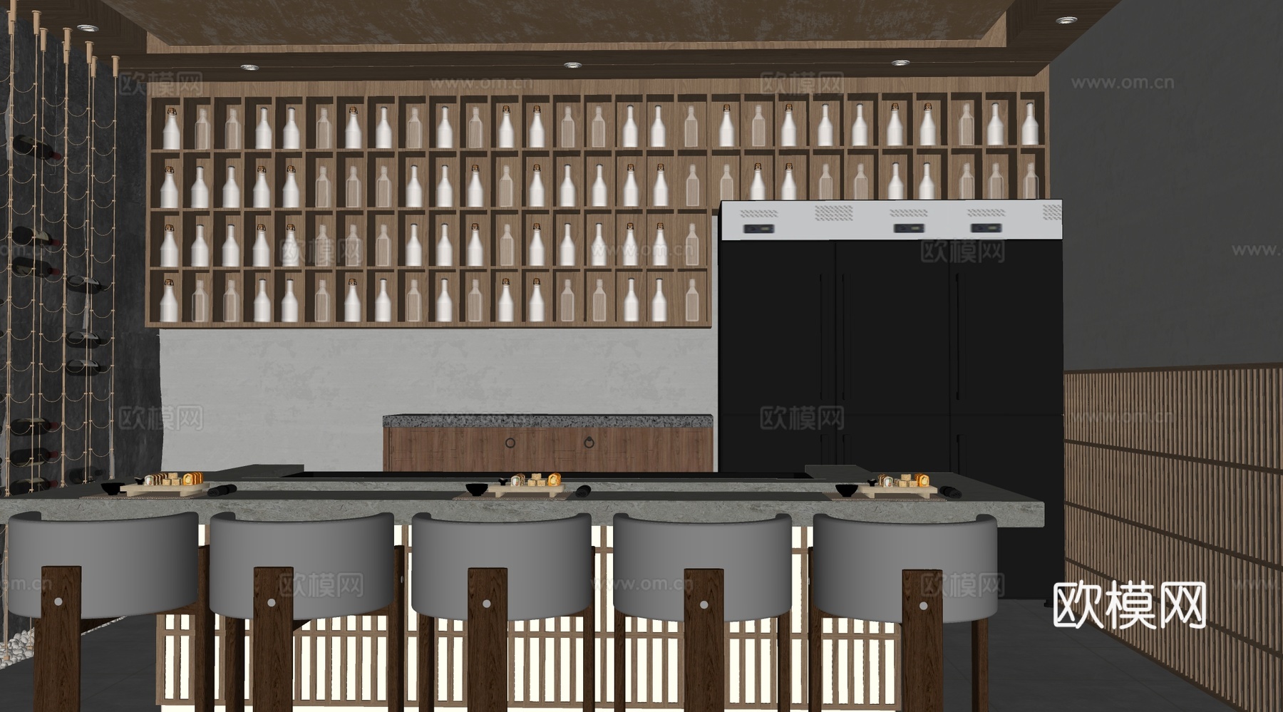 新中式酒窖 酒庄 酒柜 吧台吧椅su模型