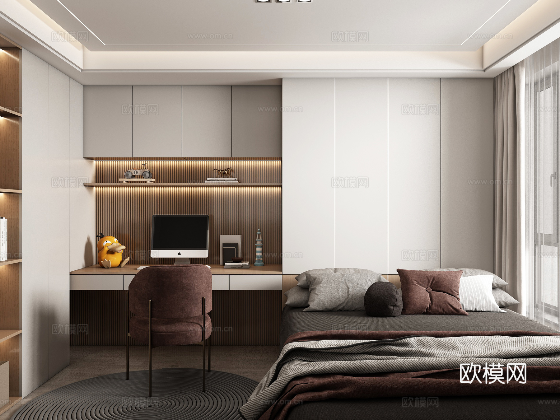 现代榻榻米卧室 儿童卧室 衣柜书柜 儿童床su模型