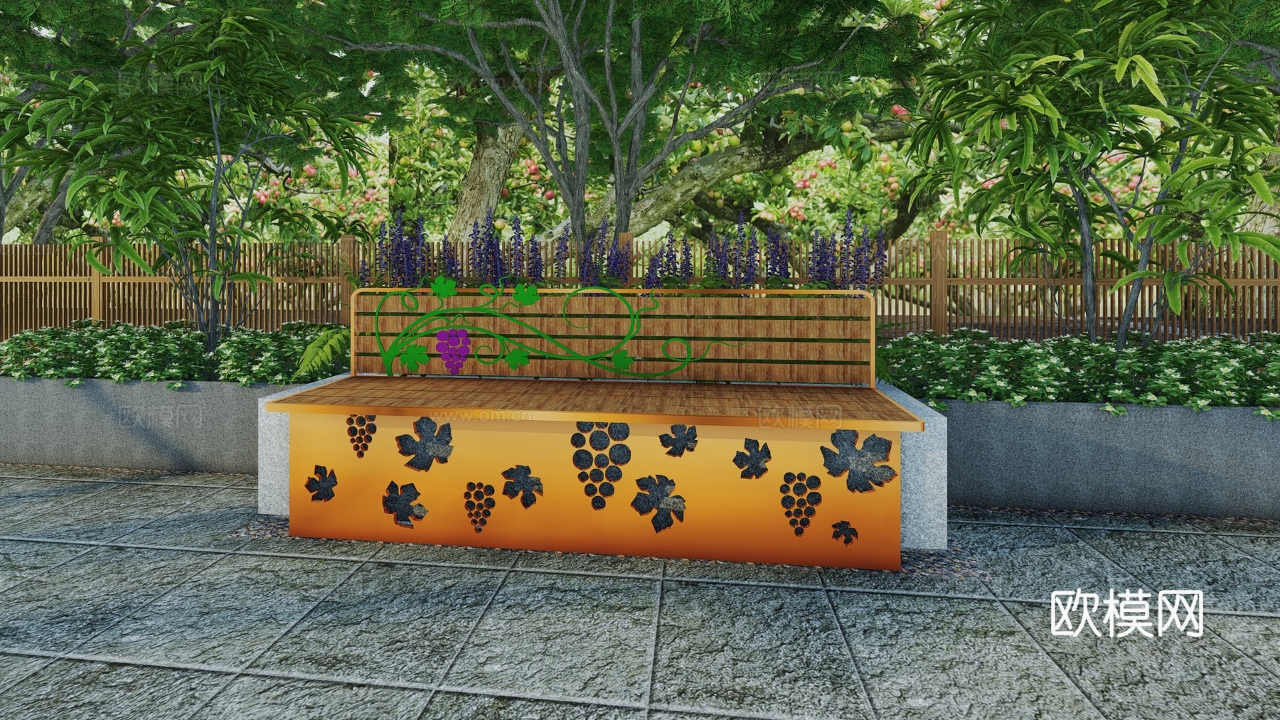 现代水果主题景观座椅户外休闲坐凳树池花坛橘子葡萄公共休息坐凳su模型