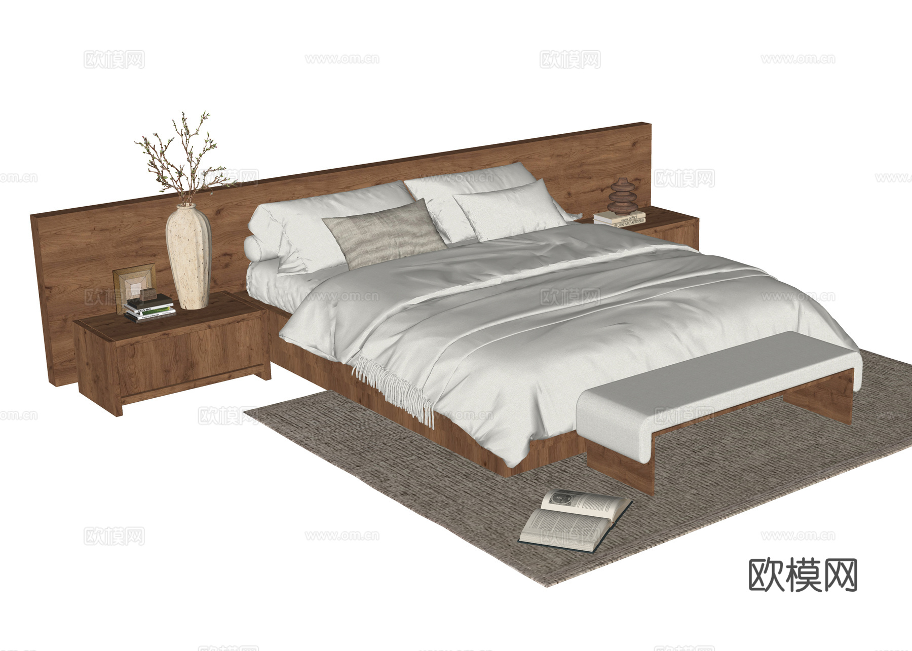 现代双人床 床头柜su模型