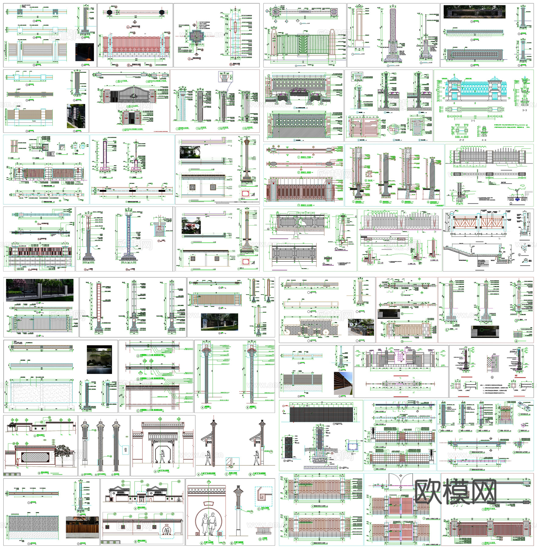 庭院围墙别墅围墙栏杆护栏剖面做法工艺详图节点CAD素材图库cad施工图