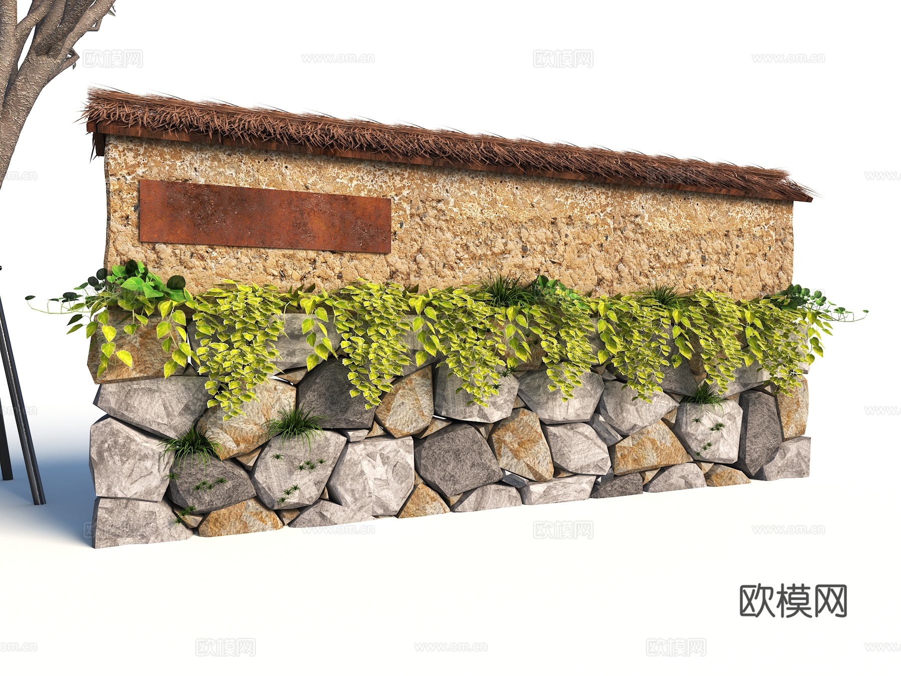 现代毛石挡墙 毛石景墙 生态景墙 挡墙景墙 夯土毛石墙su模型
