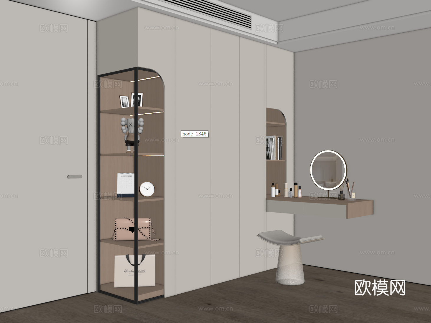 现代衣柜梳妆台一体 衣柜转角书桌 平开门衣柜 开放格衣柜su模型