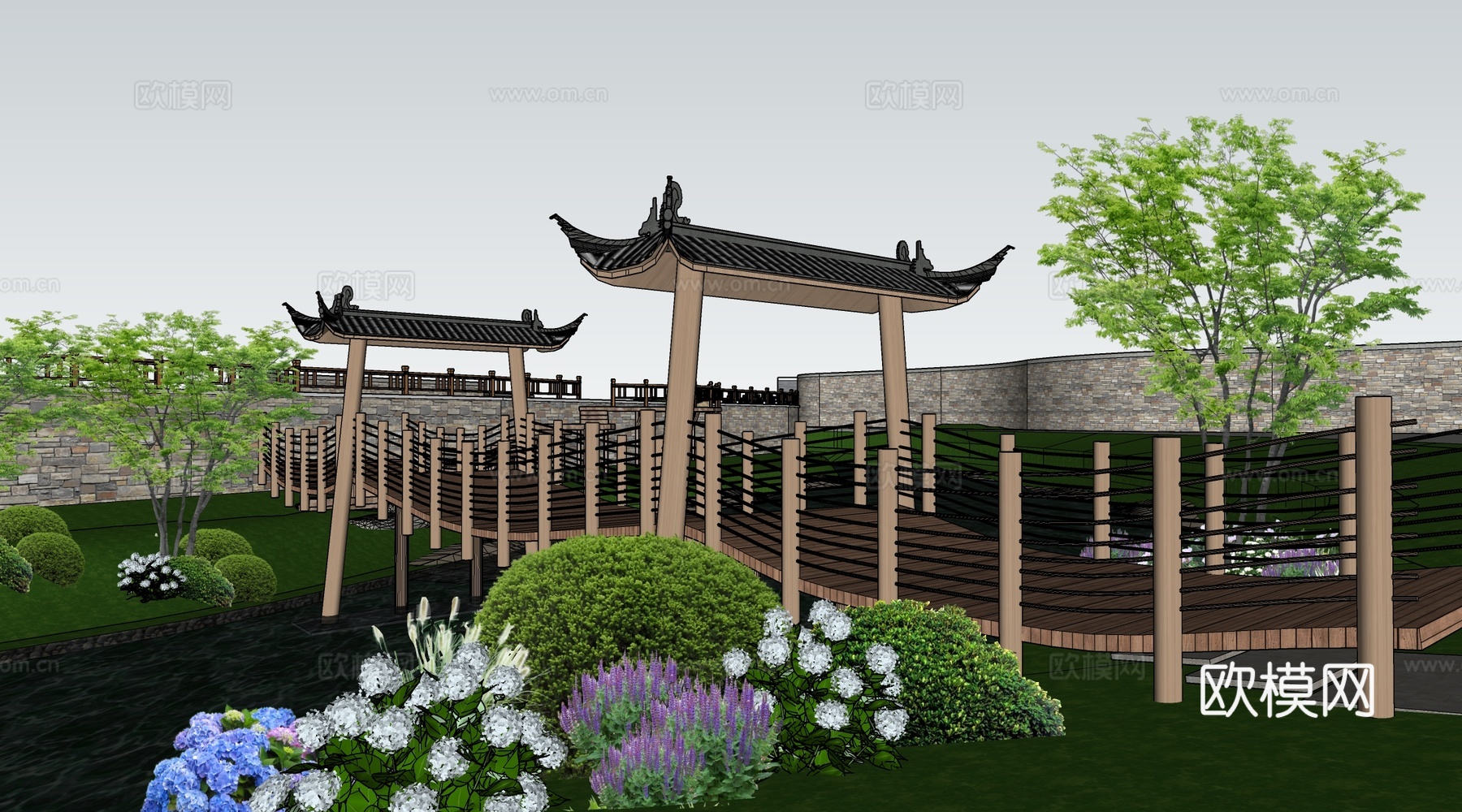 现代景观吊桥 景区吊桥 木栈桥su模型