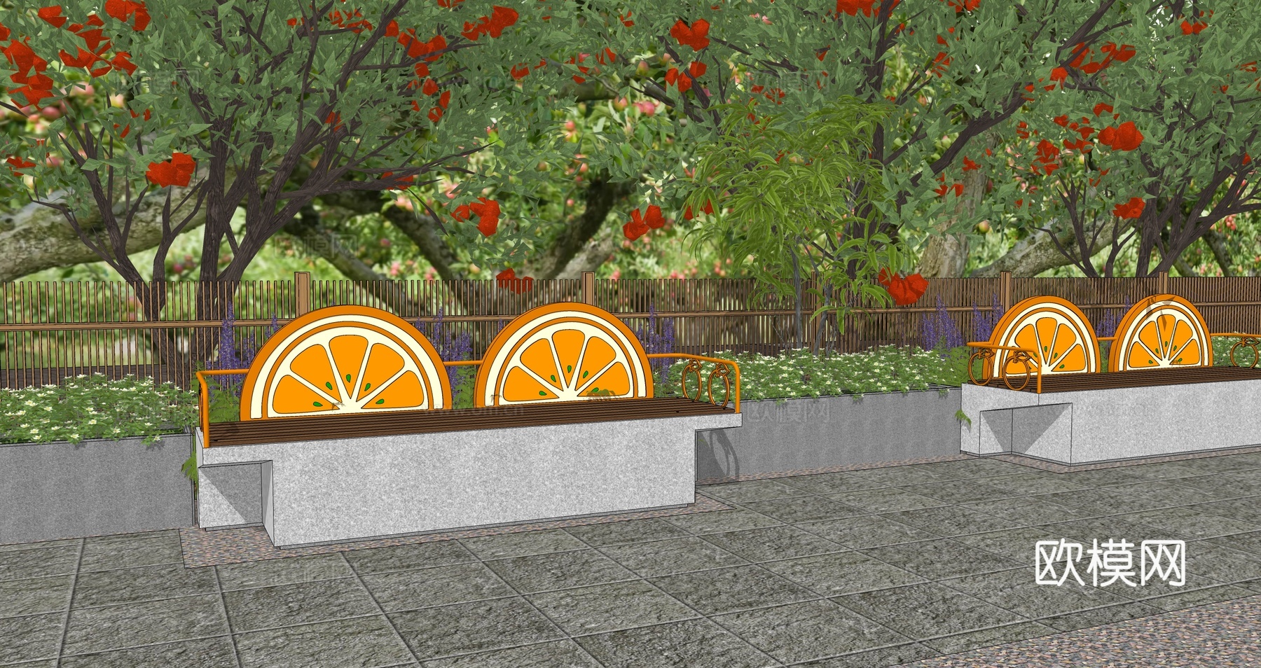 现代水果主题景观座椅户外休闲坐凳树池花坛橘子葡萄公共休息坐凳su模型