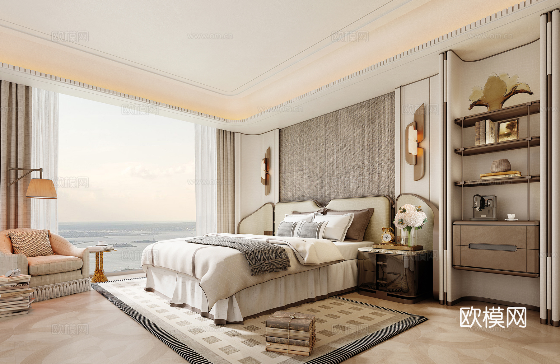 意式卧室 米洛提卧室 现代卧室 双人床组合 现代双人床组合su模型下载（渲染图1）