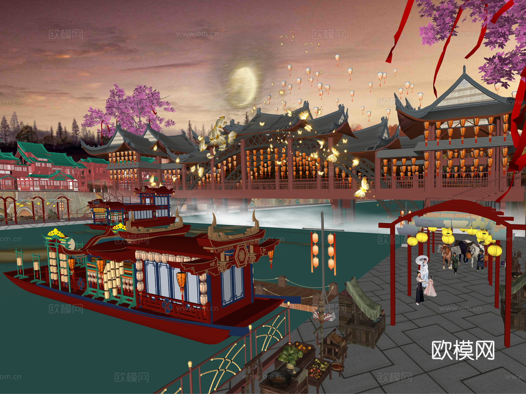 网红打卡国潮古风古镇集市su模型