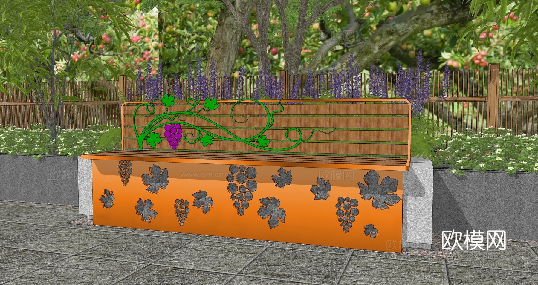 现代水果主题景观座椅户外休闲坐凳树池花坛橘子葡萄公共休息坐凳su模型