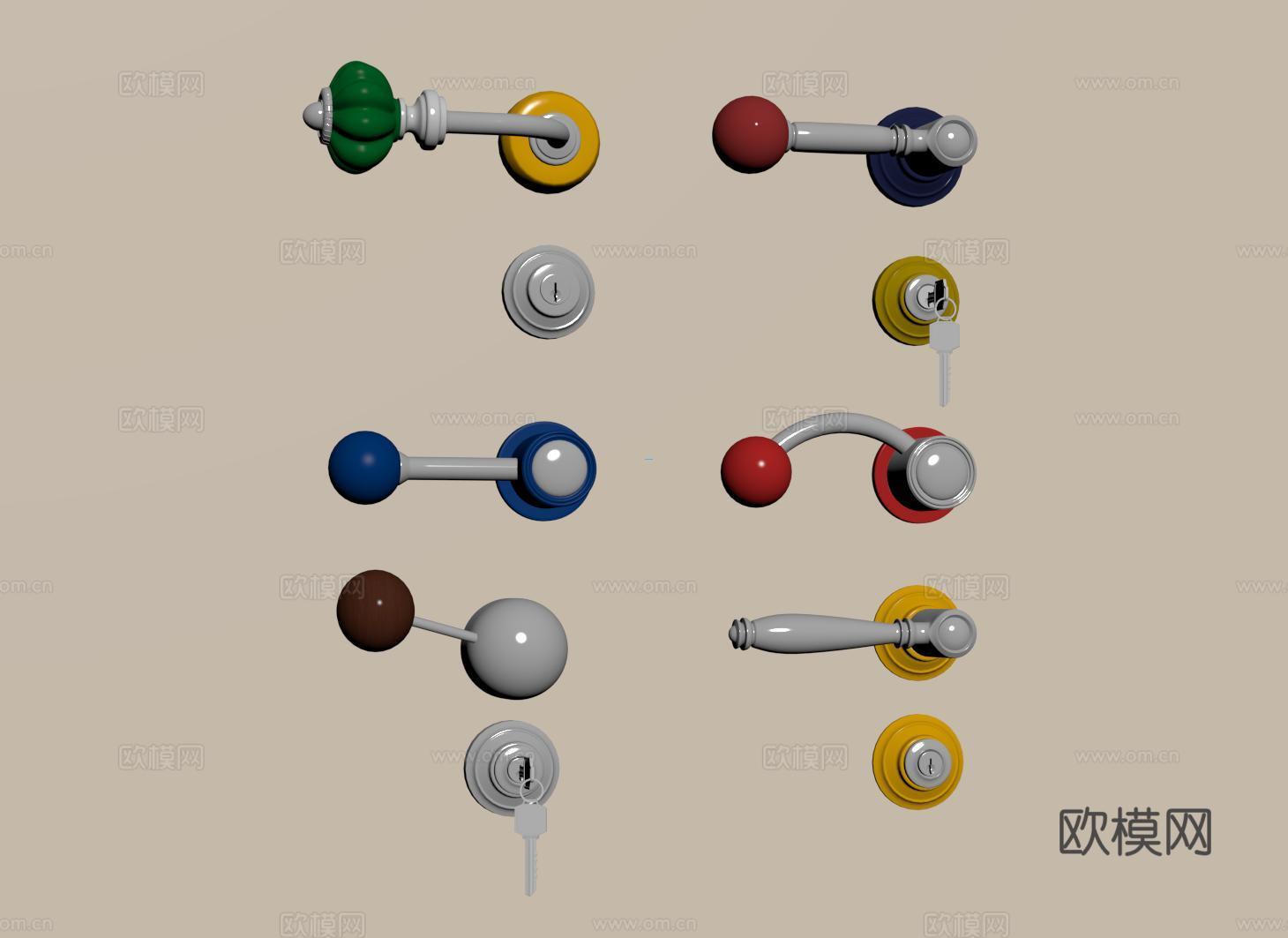 包豪斯门把手 中古复古门锁 多巴胺金属门拉手su模型