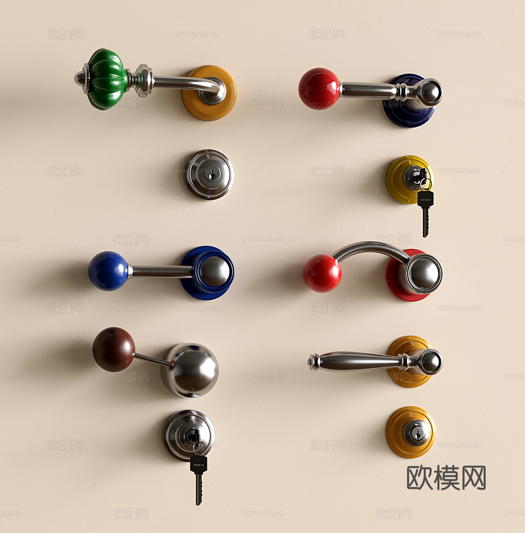 包豪斯门把手 中古复古门锁 多巴胺金属门拉手su模型