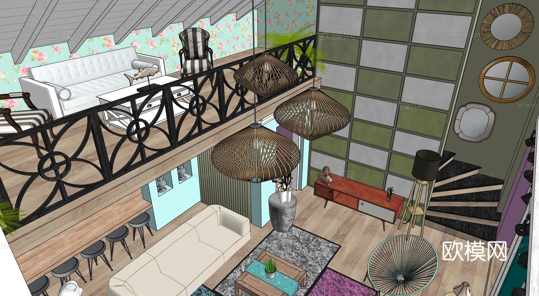 复古美式田园坡屋顶艺术会客厅su模型