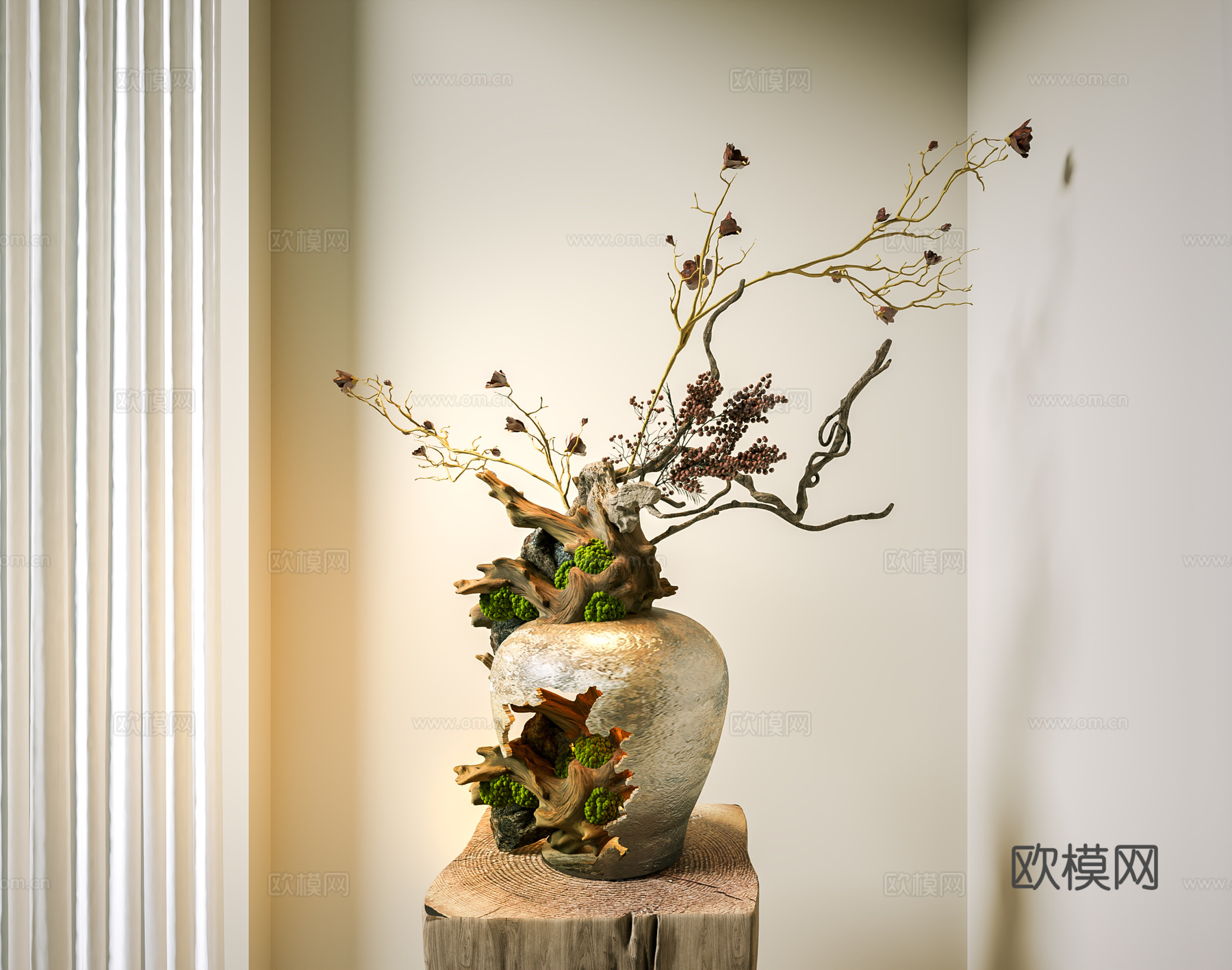 新中式花瓶 中古花艺盆景 陶罐花瓶 干枝花艺 枯木绿洲 装饰su模型
