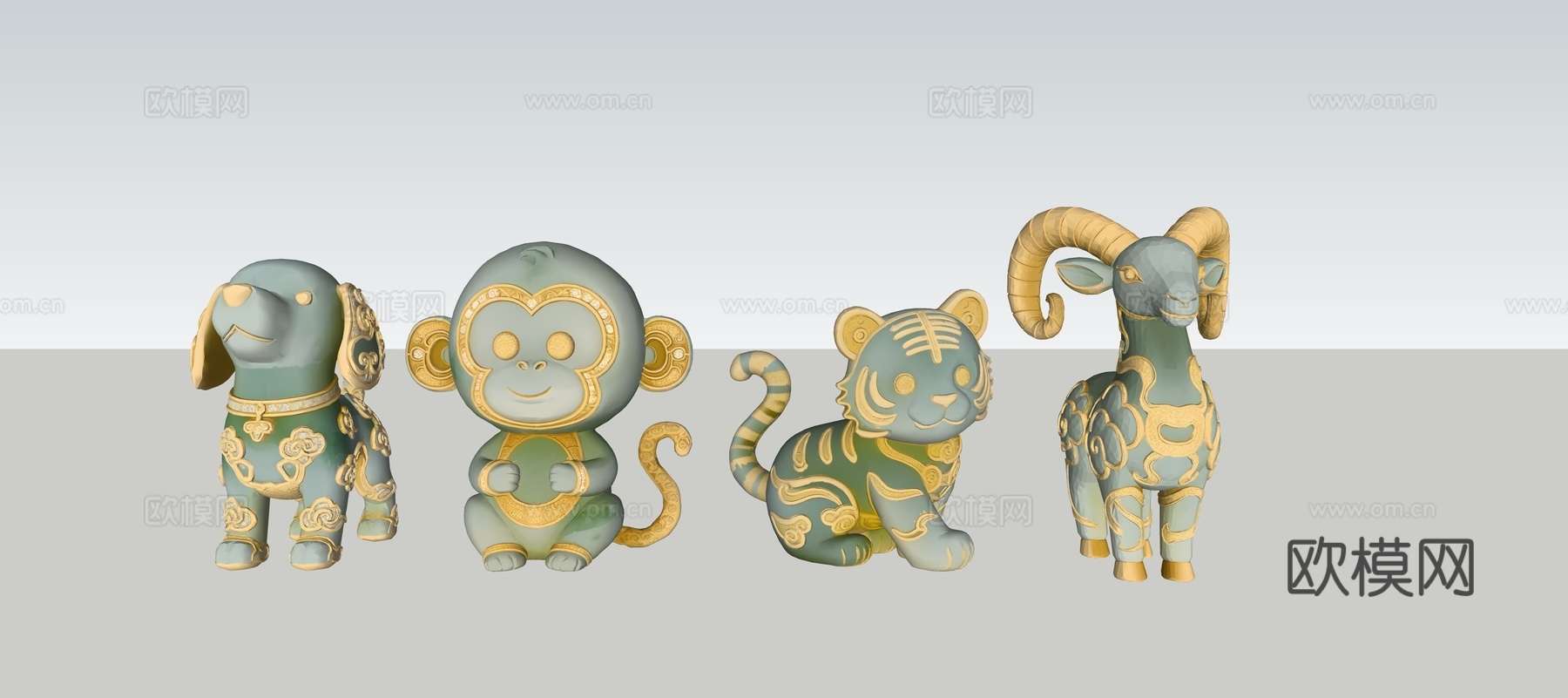 古代中式玉石生肖羊猴虎狗su模型下载（渲染图1）