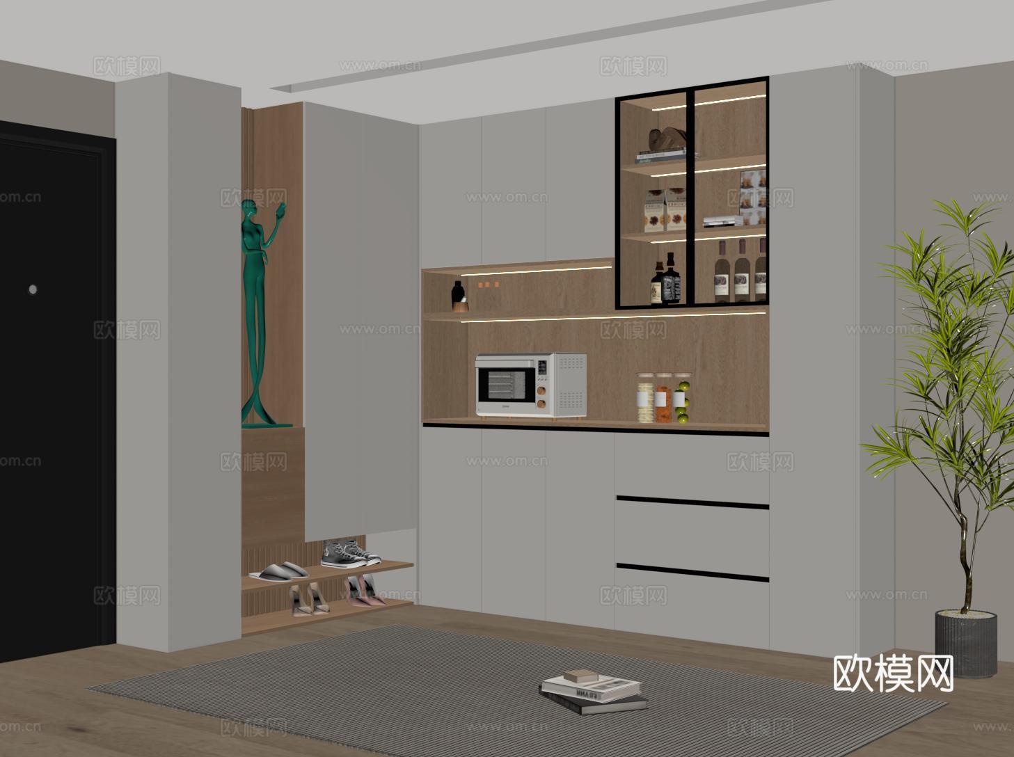 现代转角鞋柜酒柜一体 鞋柜 酒柜su模型