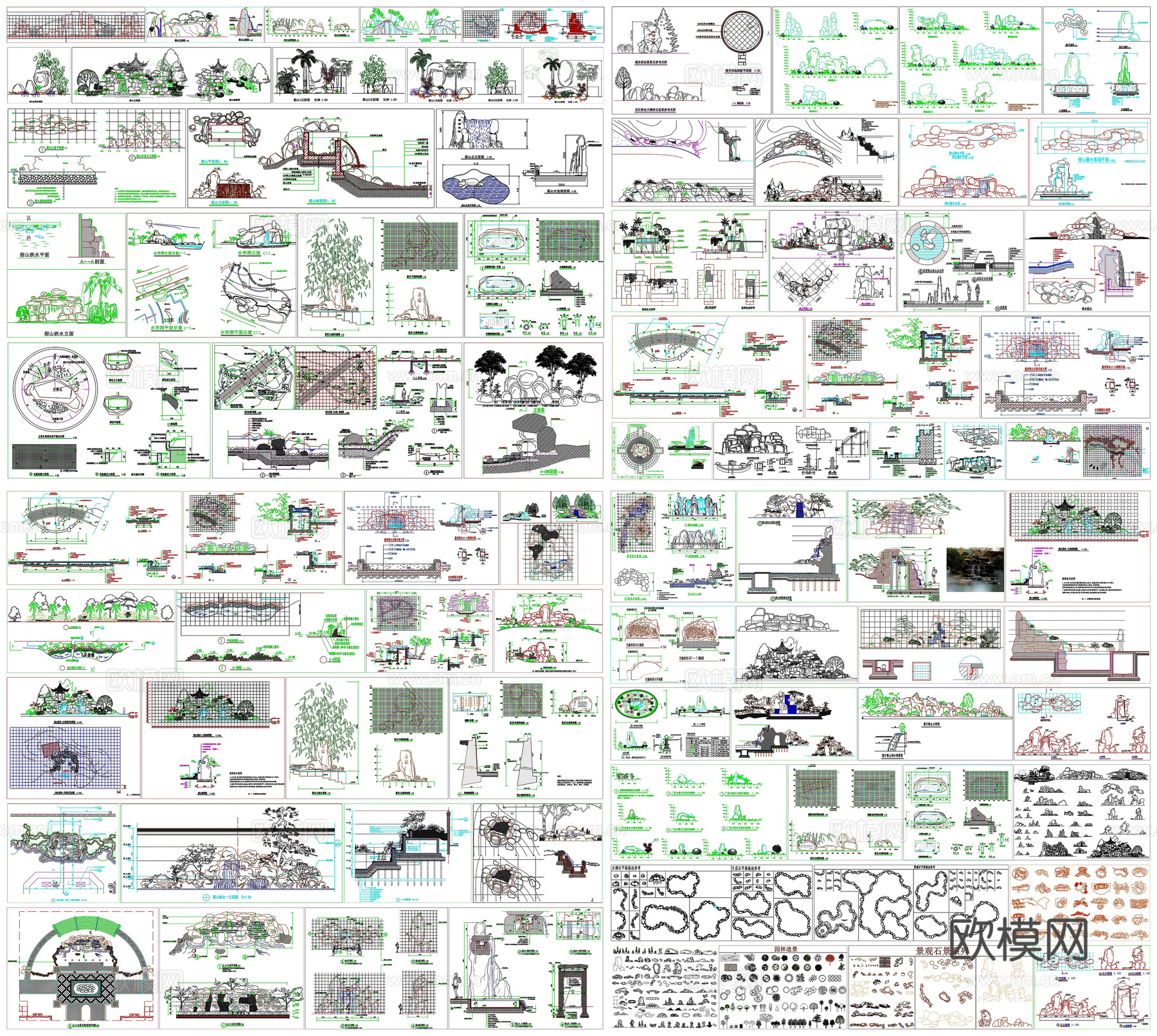 景石假山置石水景剖面做法工艺详图节点CAD素材图库cad施工图下载