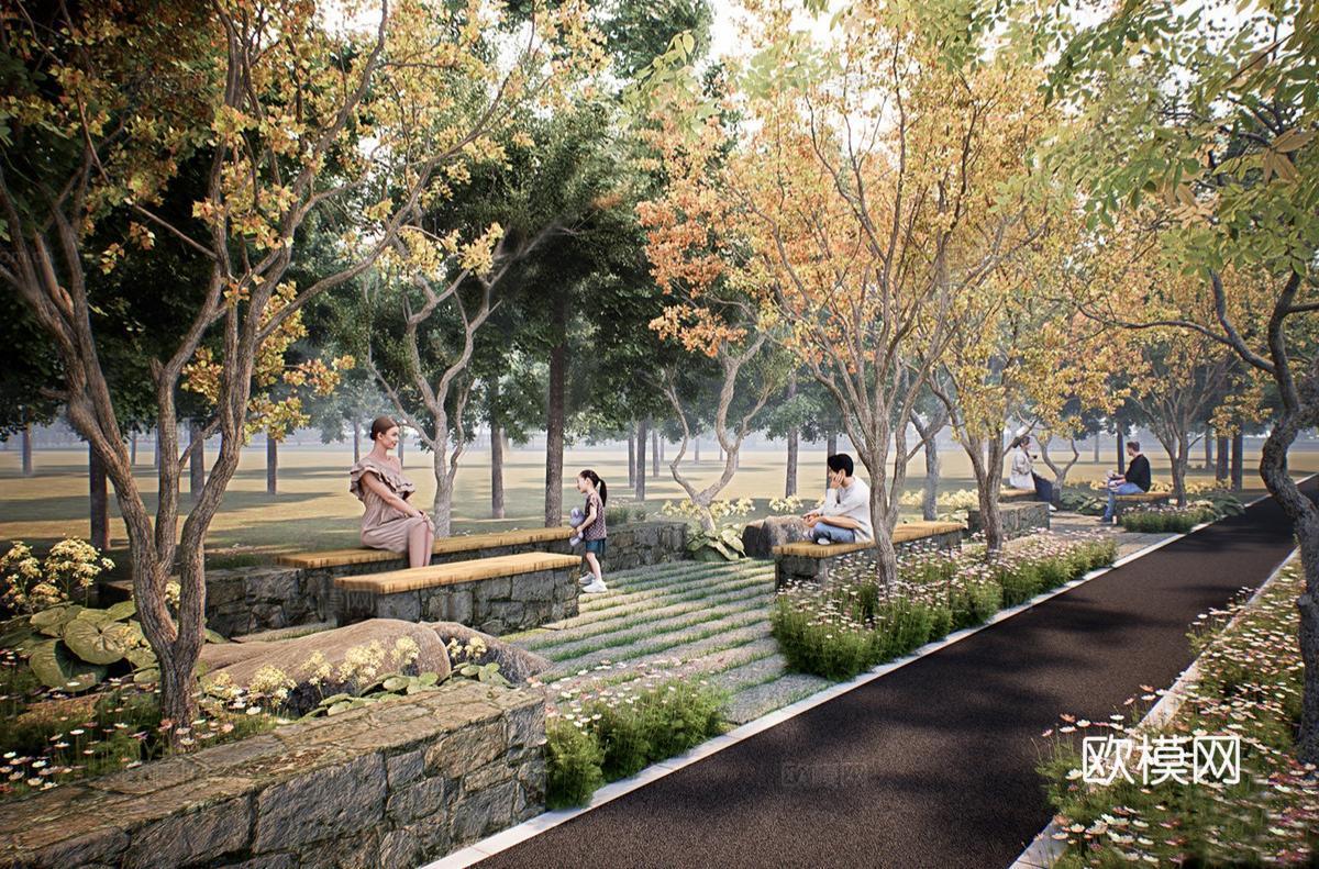 新中式现代乡村公园 自然式 条石铺地su模型