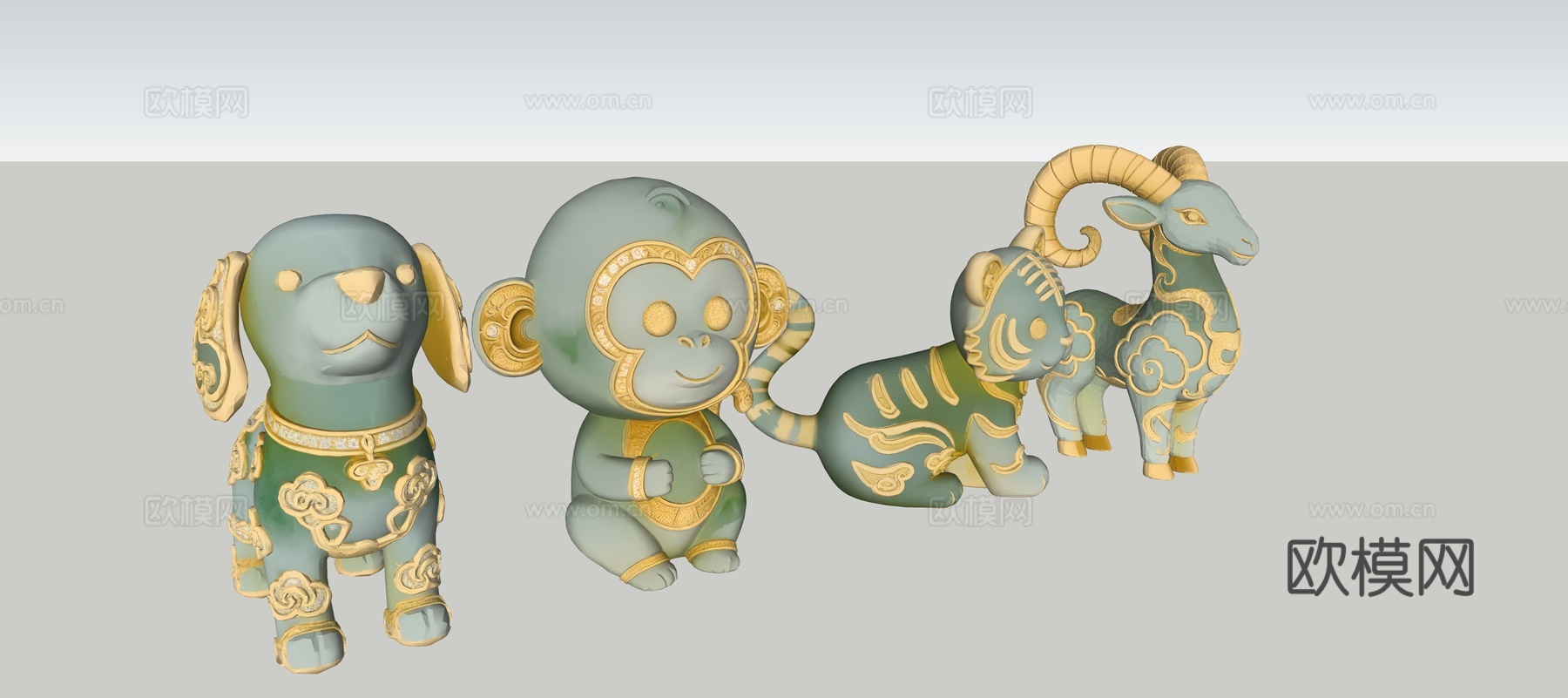 古代中式玉石生肖羊猴虎狗su模型下载（渲染图2）