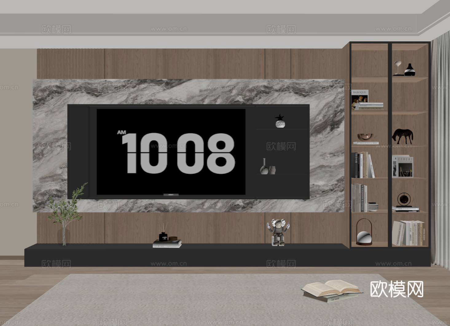 意式电视背景墙 现代大理石背景墙 大理石电视柜 储物收纳电视su模型