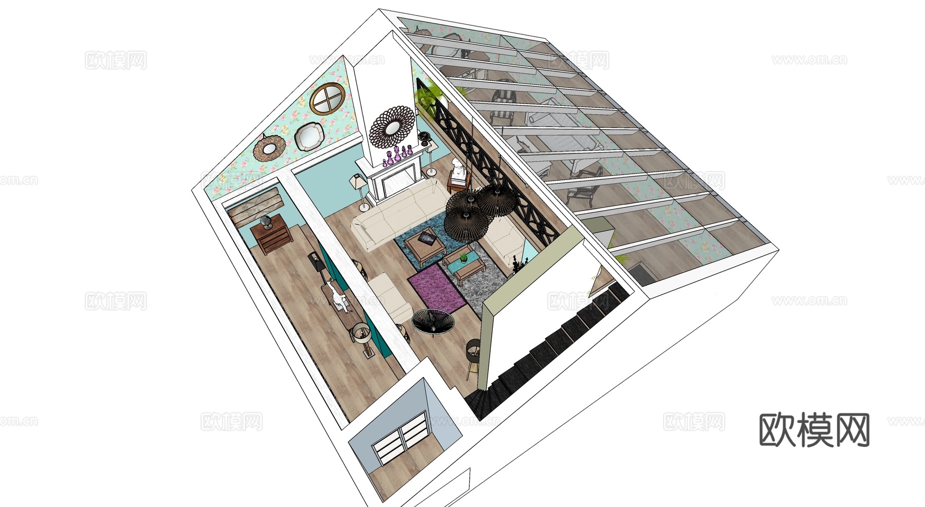 复古美式田园坡屋顶艺术会客厅su模型