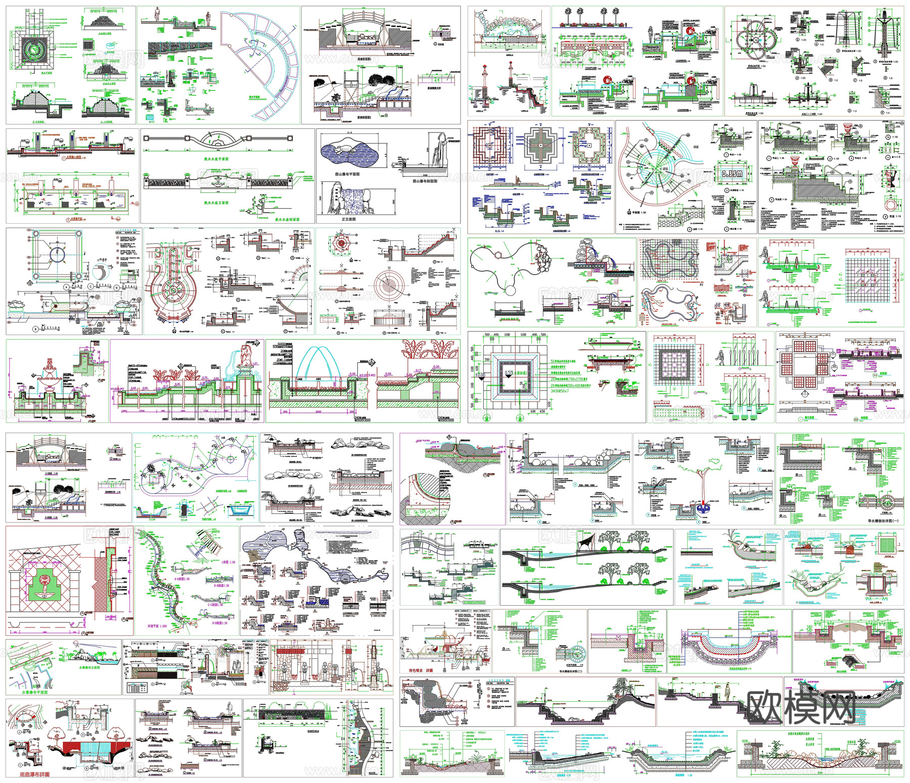 跌水溪流水池河道水景墙剖面做法工艺详图节点CAD素材图库cad施工图下载
