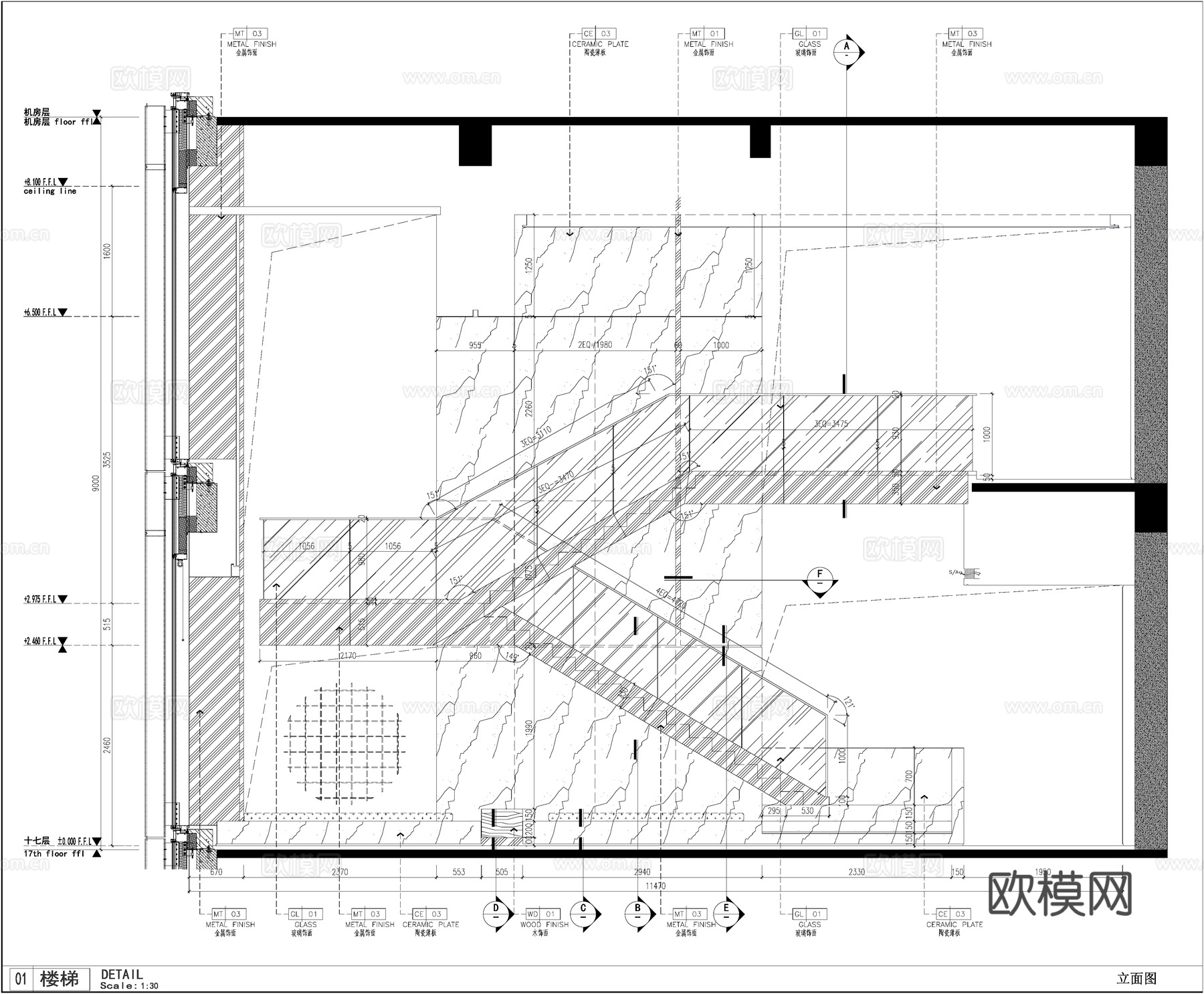 楼梯节点 现代楼梯 玻璃扶手楼梯 楼梯踏步cad施工图