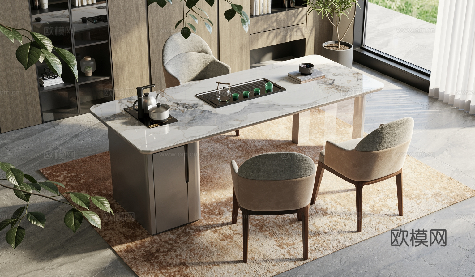 现代茶室   茶桌椅  饰品  地毯  茶具  岩板su模型下载（渲染图1）