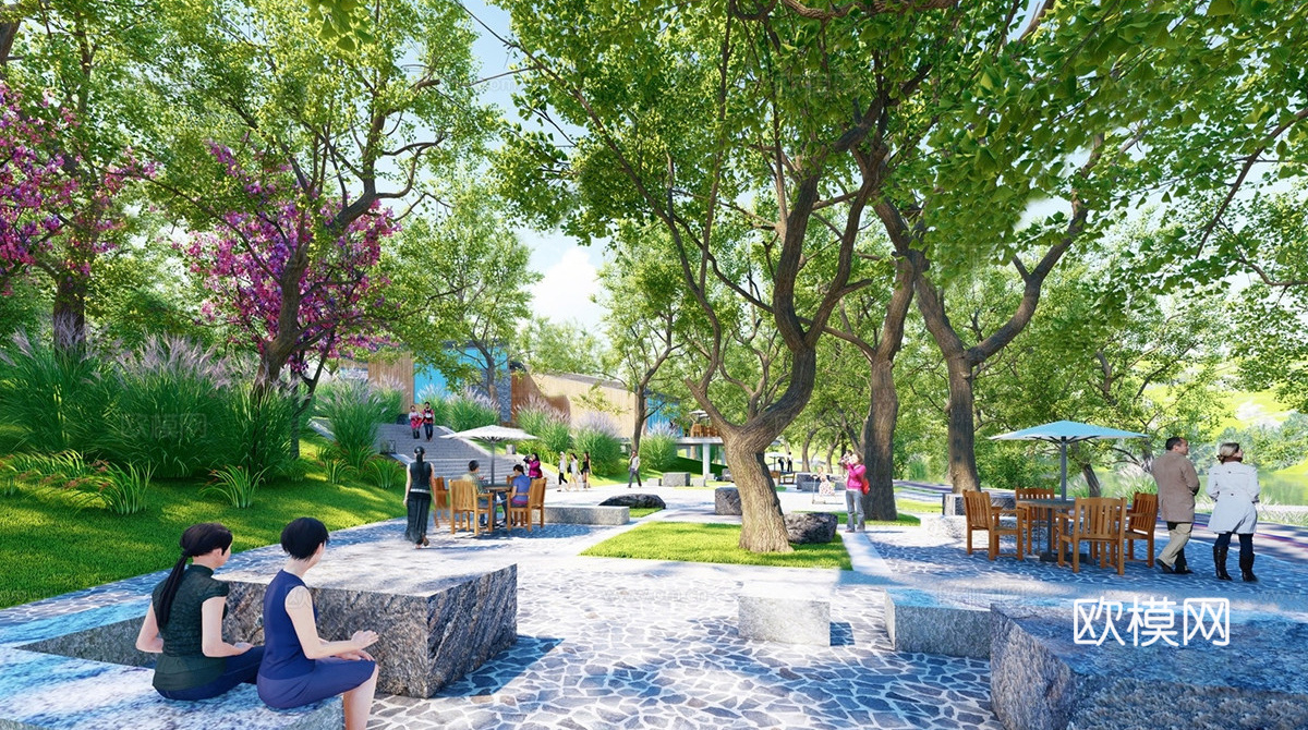 现代林下空间景观 滨水野趣生态公园 野外景观公园su模型
