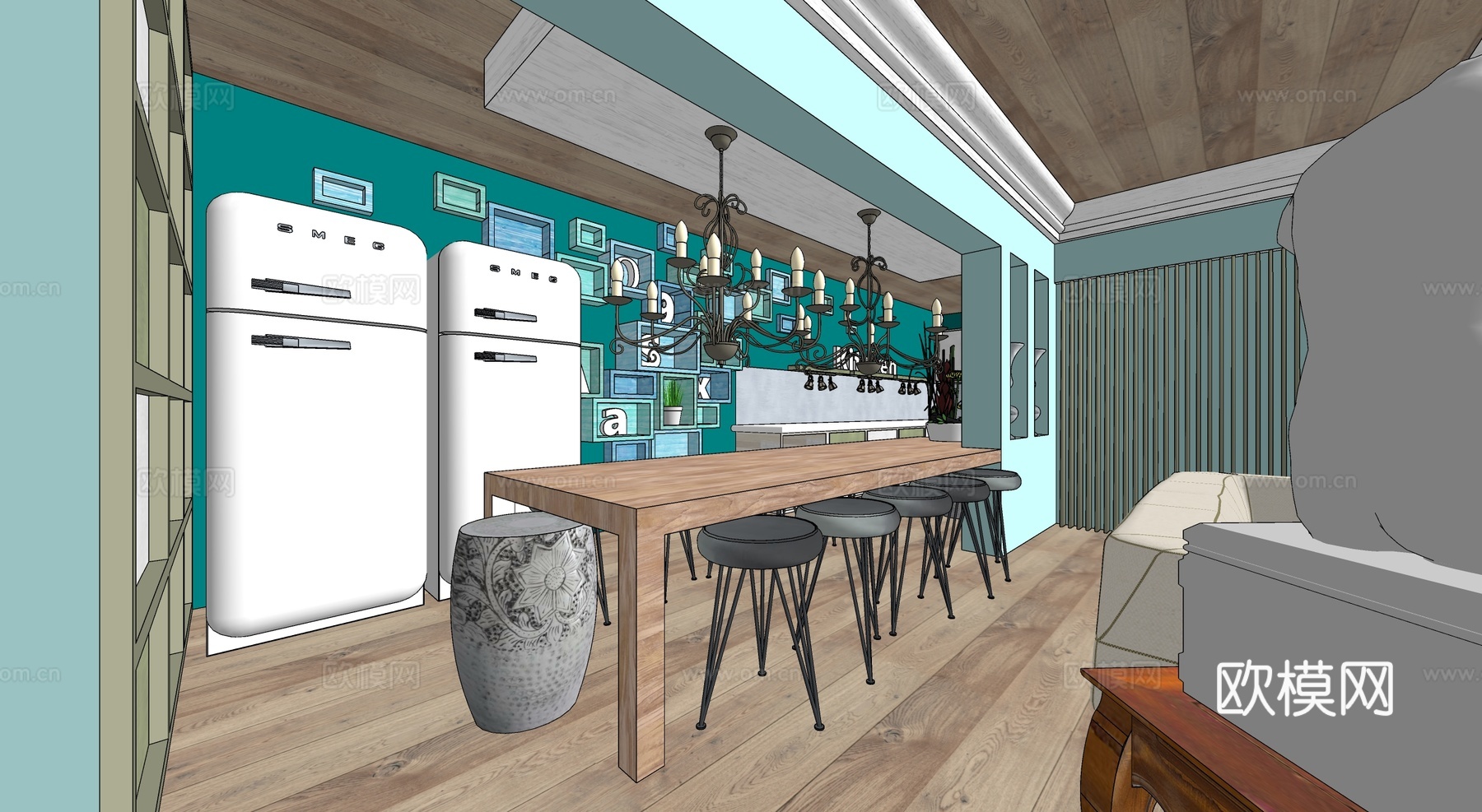 复古美式田园坡屋顶艺术会客厅su模型