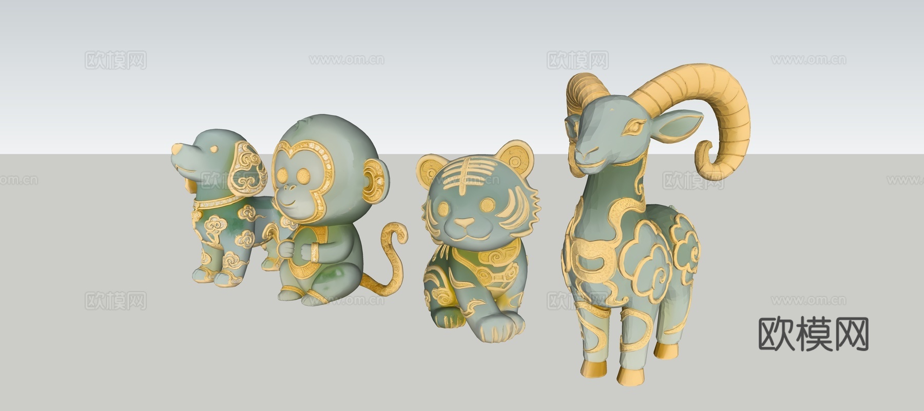 古代中式玉石生肖羊猴虎狗su模型下载（渲染图3）