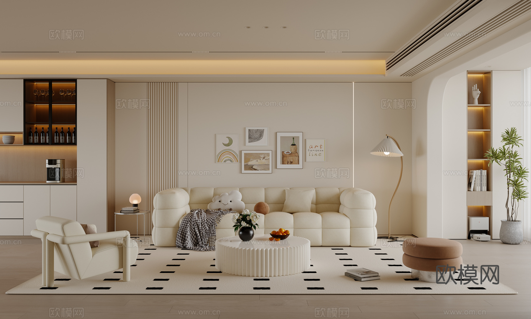 现代奶油风客厅 沙发茶几 多人沙发 挂画 地毯su模型
