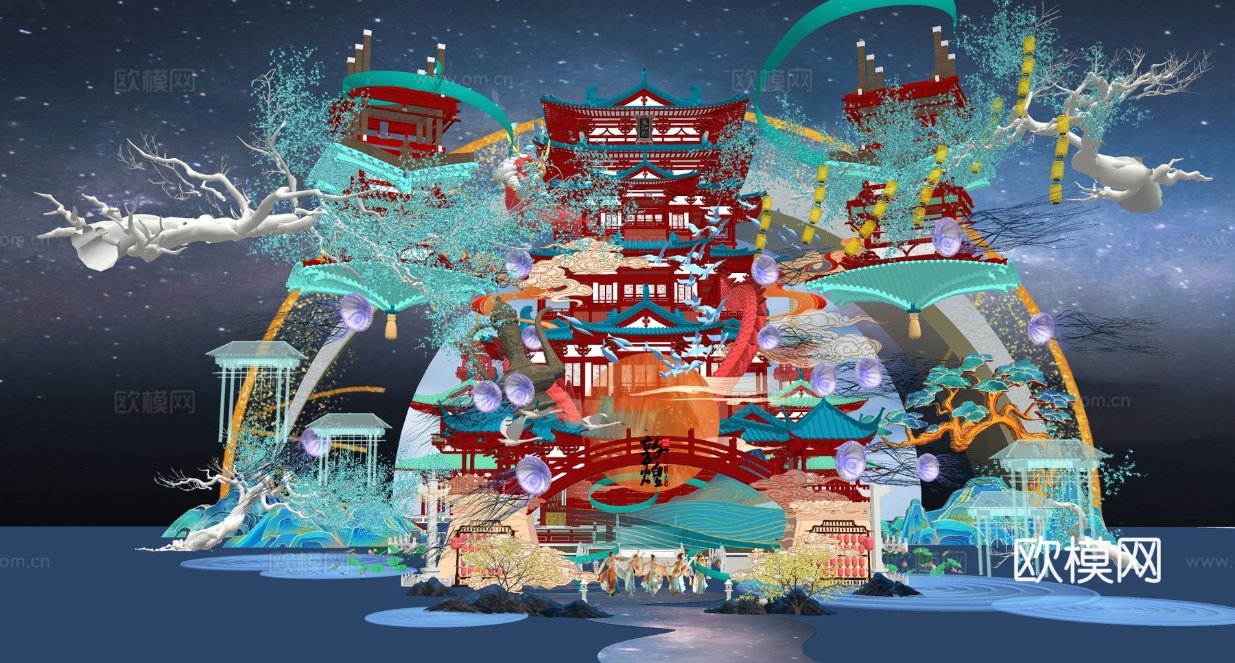 新中式中式舞台 国潮 古风 网红 敦煌 表演su模型