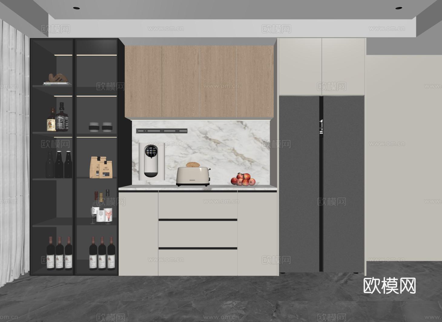 现代酒柜 冰箱酒柜 冰箱柜 玻璃门酒柜su模型