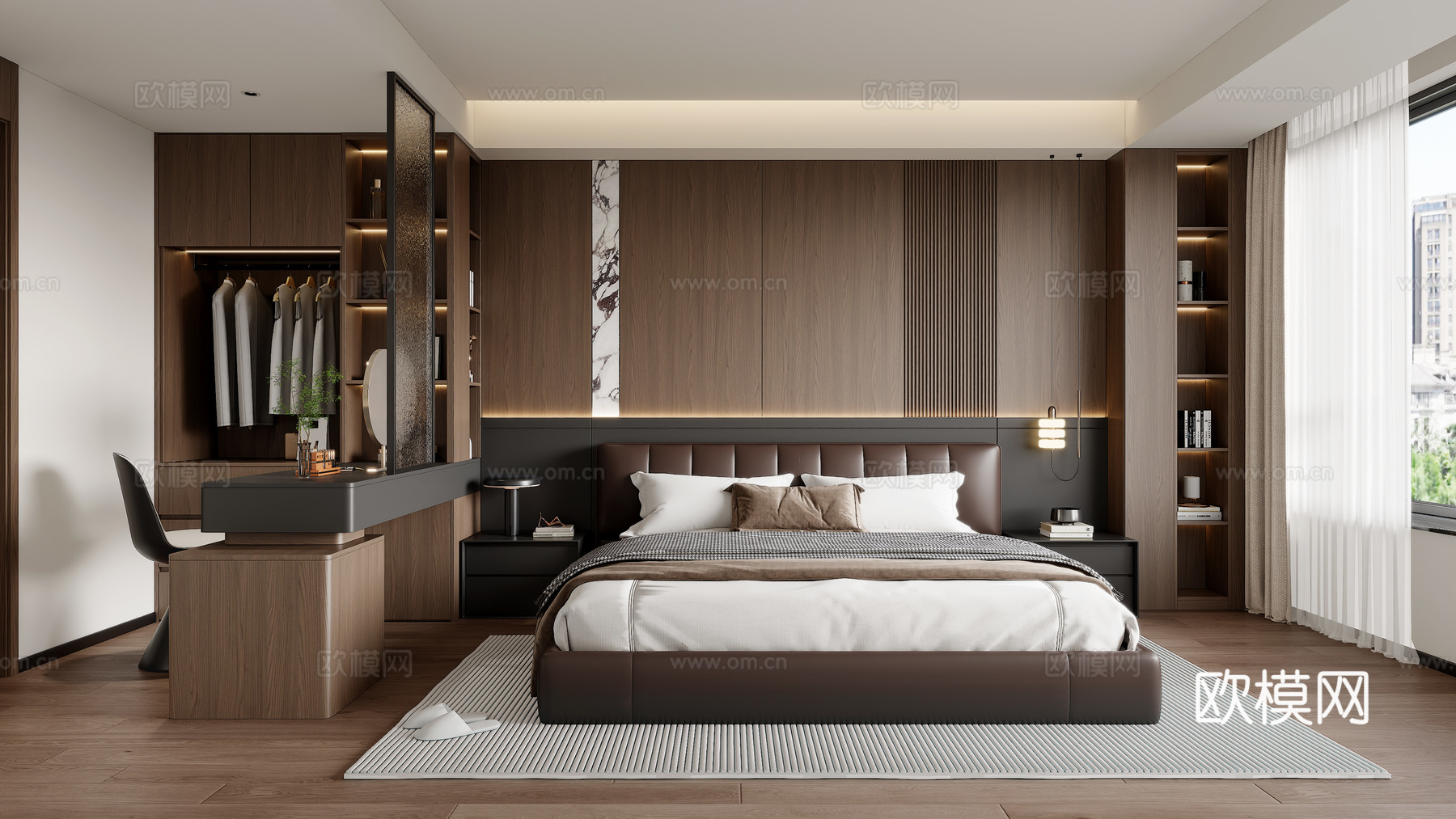 现代意式卧室 床头背景墙  梳妆台隔断 双人床 梳妆台衣柜su模型下载（渲染图1）