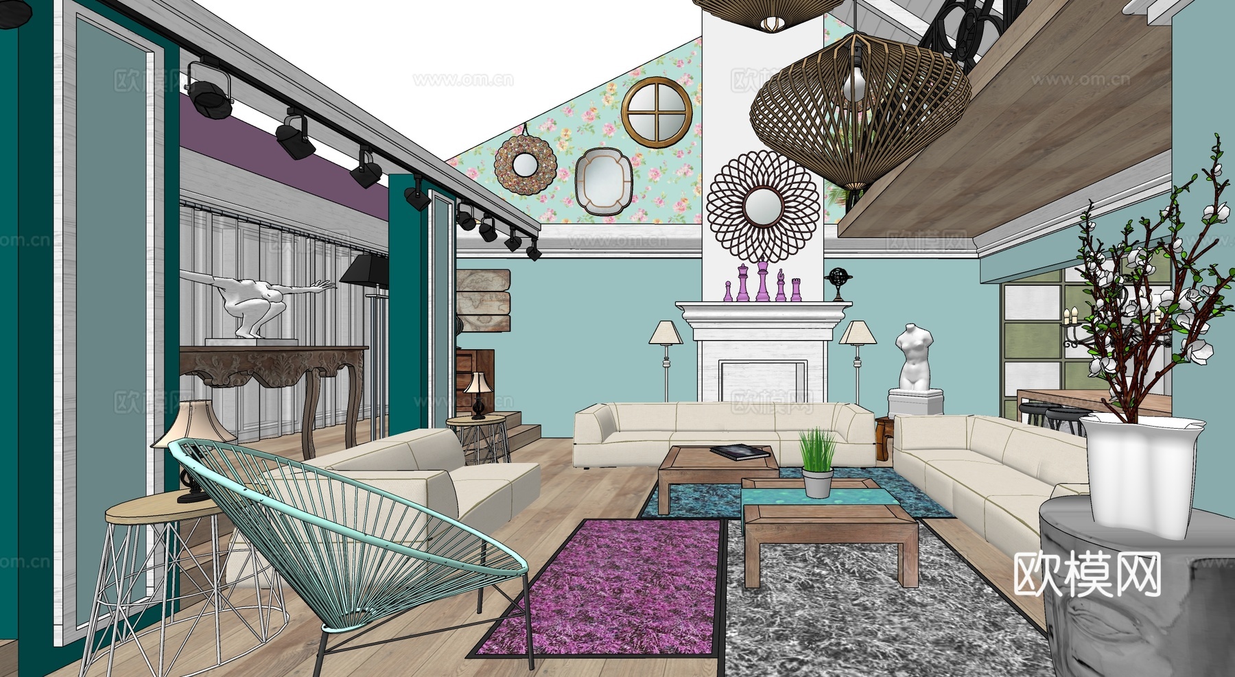 复古美式田园坡屋顶艺术会客厅su模型