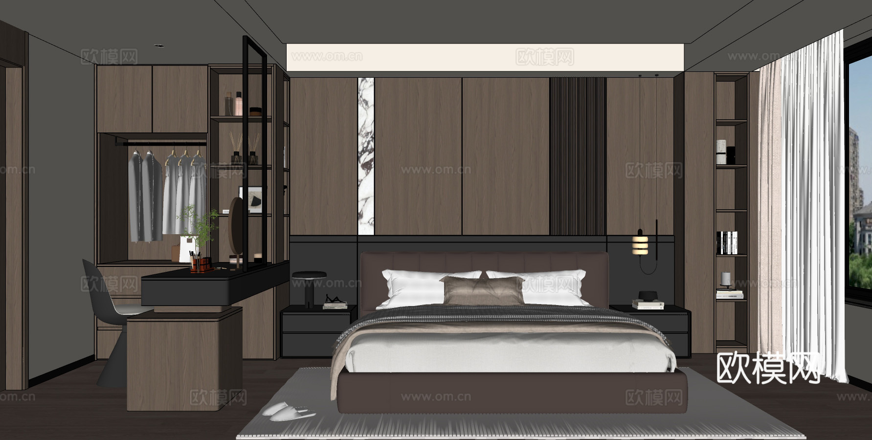现代意式卧室 床头背景墙  梳妆台隔断 双人床 梳妆台衣柜su模型下载（渲染图2）