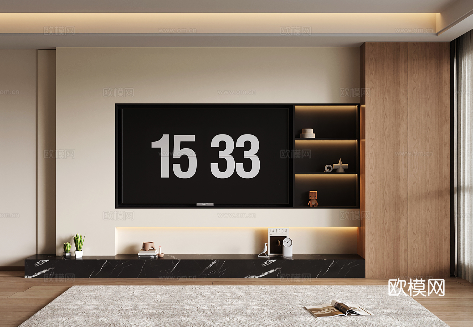 现代电视背景墙 电视背景柜 大理石电视柜 开放格电视背景su模型