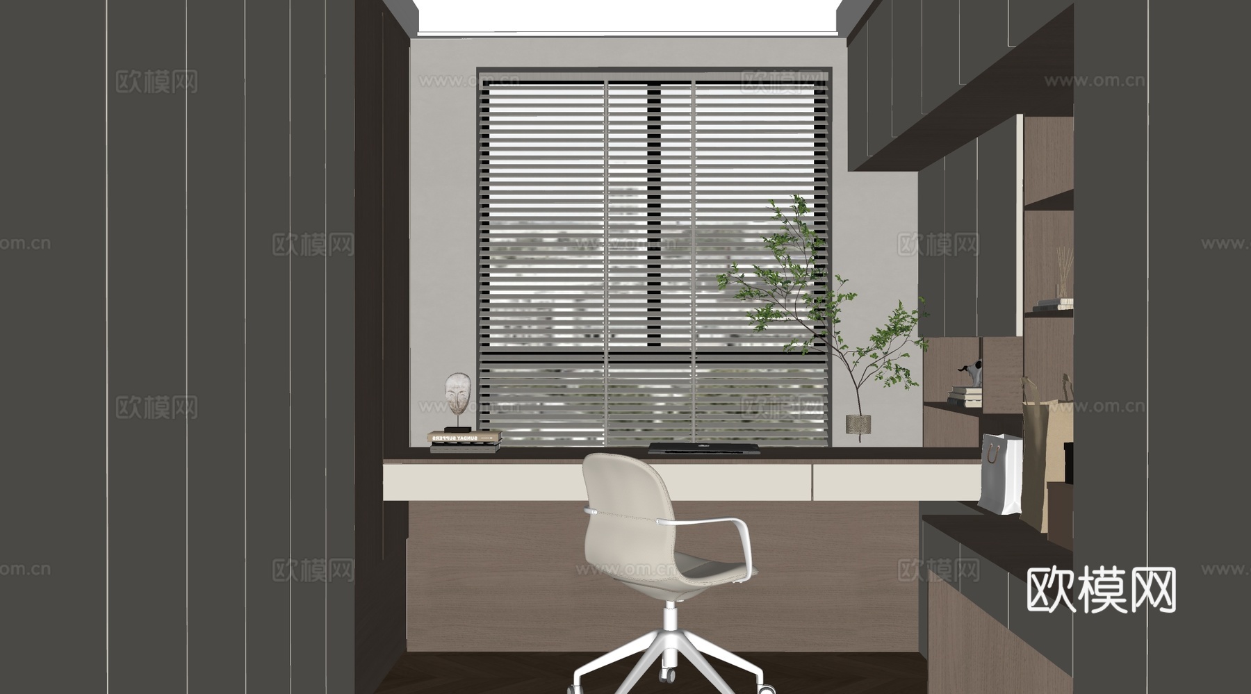 现代书房 书柜 衣柜 摆件组合su模型下载（渲染图2）