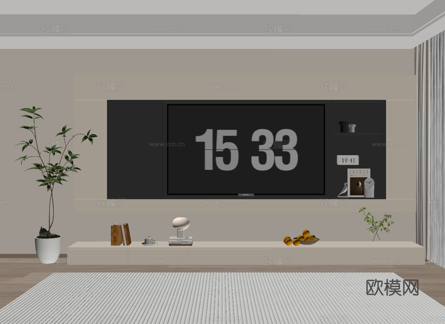 奶油风电视背景墙 现代开放格电视背景墙 落地电视柜su模型