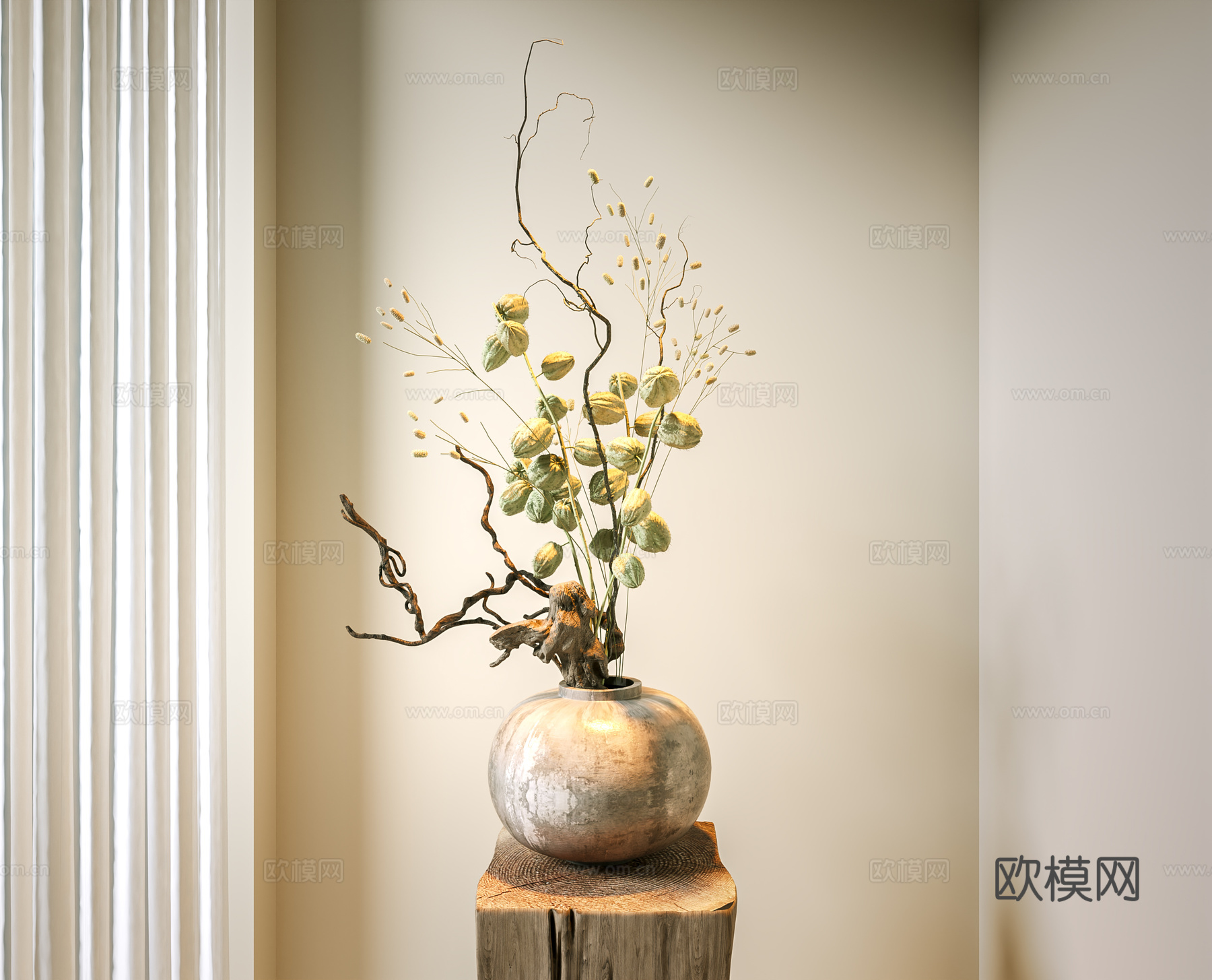 花瓶 中古花艺盆景 陶罐花瓶 干枝花艺 装饰摆件 侘寂花 现su模型su模型