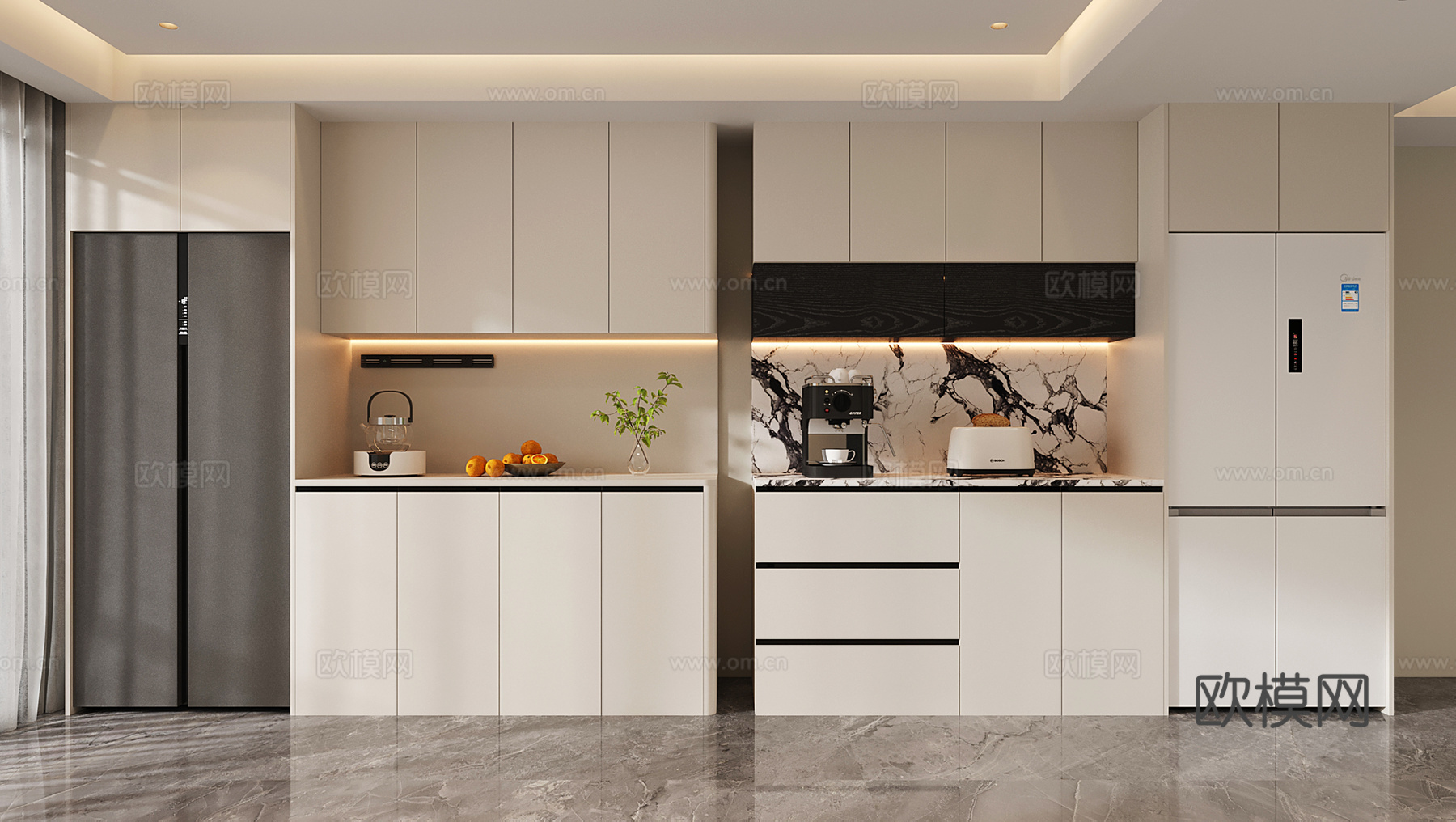 奶油风酒柜 现代冰箱酒柜 冰箱柜 餐边柜su模型