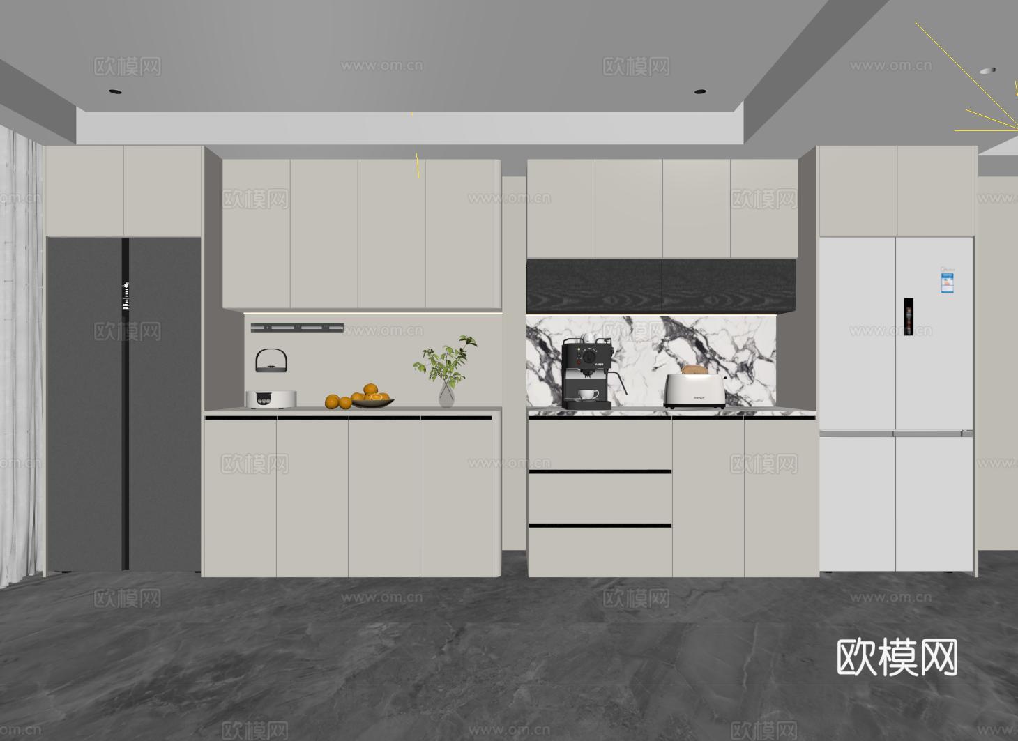 奶油风酒柜 现代冰箱酒柜 冰箱柜 餐边柜su模型