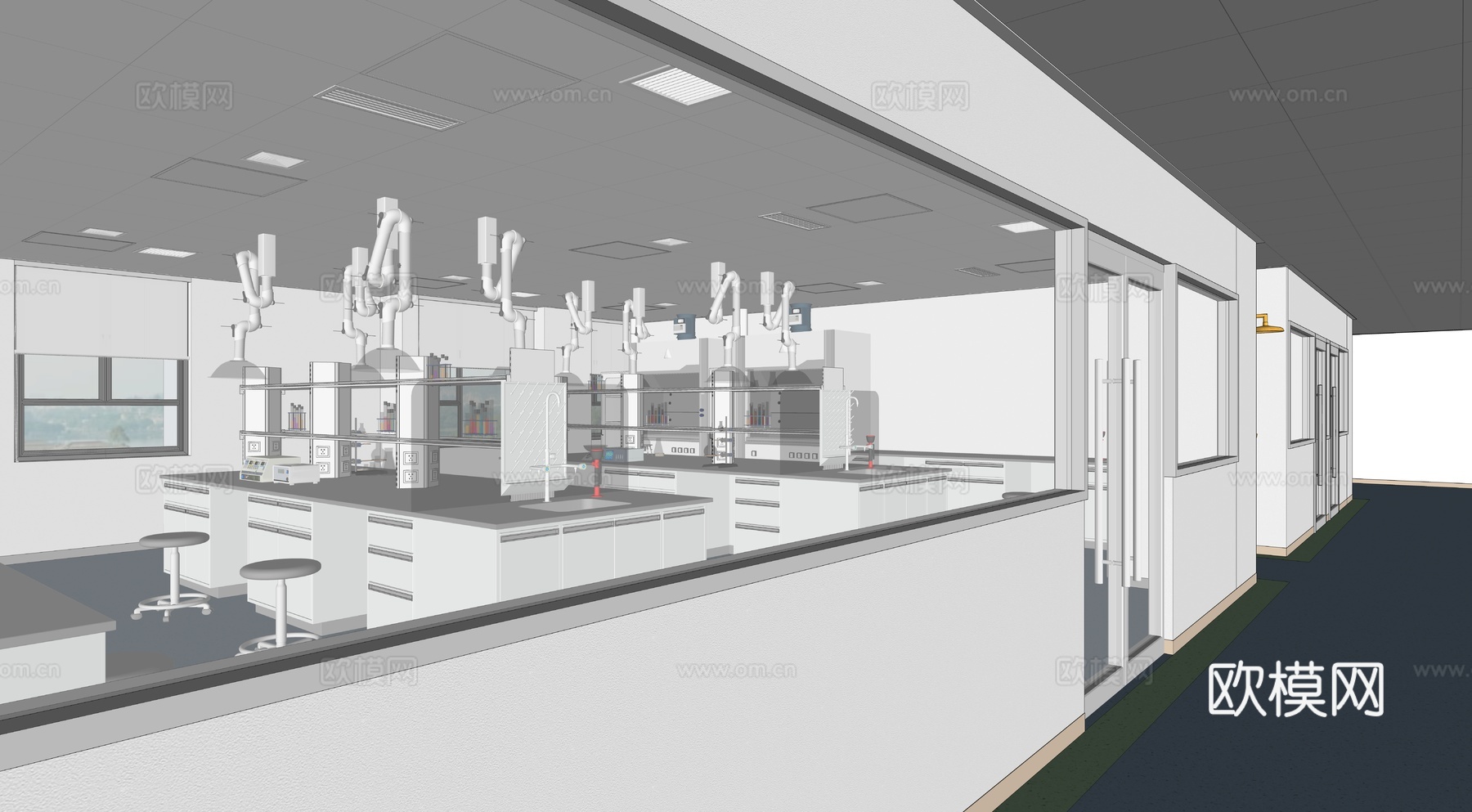 实验室，理化实验室，实验台，离心机，走廊su模型