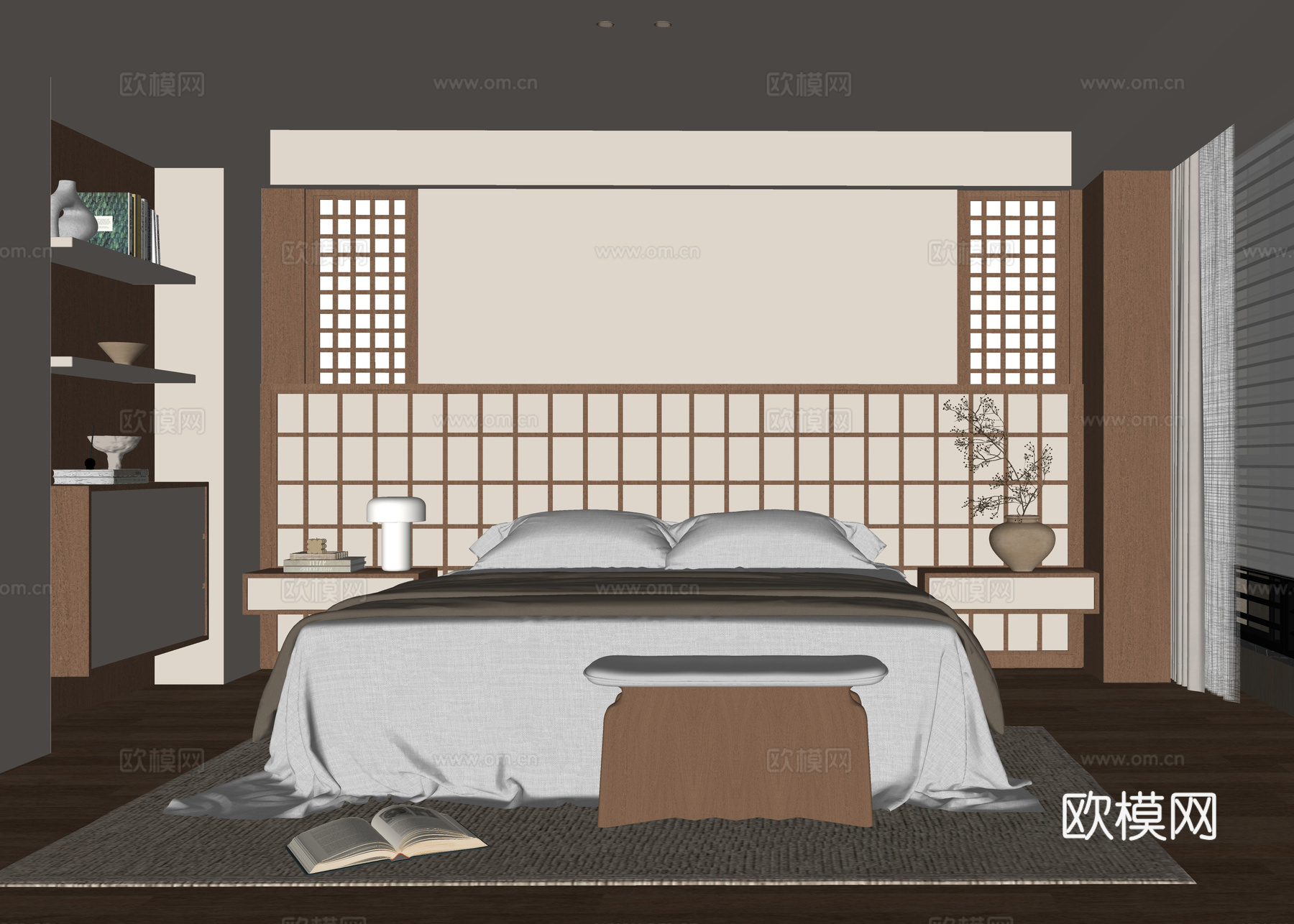 现代卧室 双人床 床头柜su模型