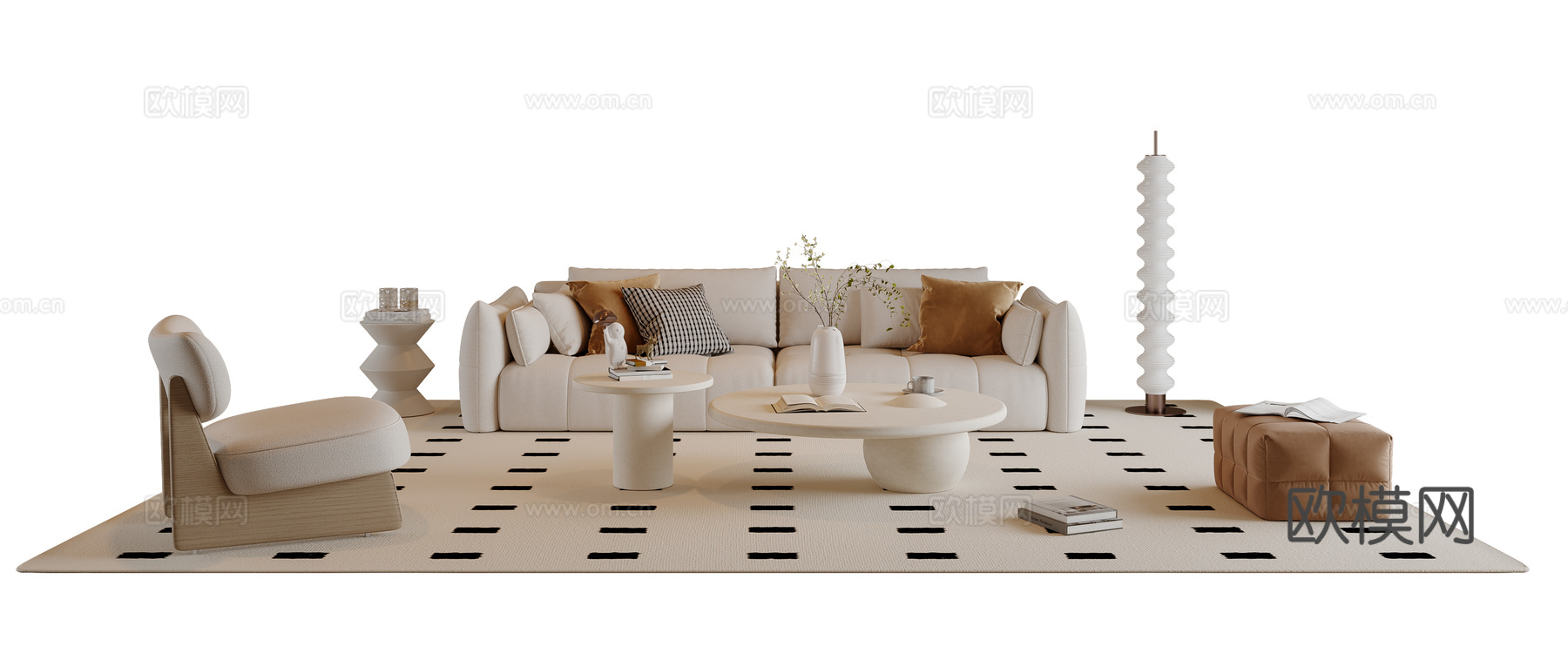 奶油风沙发茶几组合 多人沙发 布艺沙发 休闲椅 地毯su模型