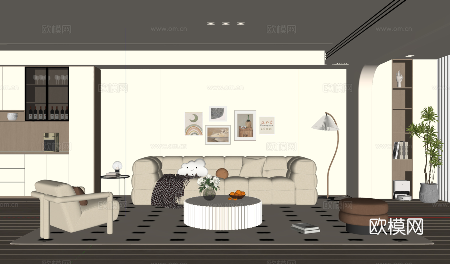 现代奶油风客厅 沙发茶几 多人沙发 挂画 地毯su模型